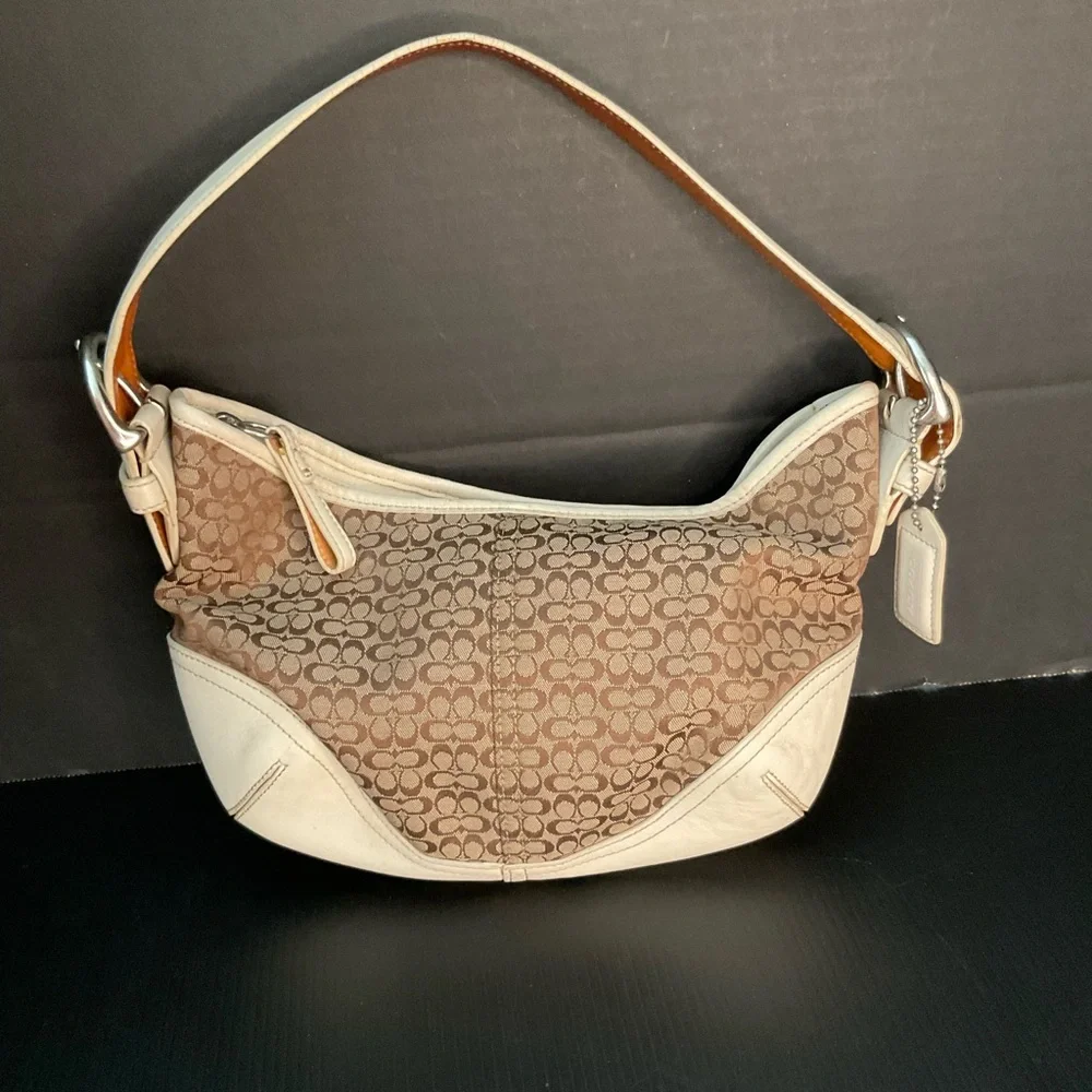 Vintage Coach 6351 signature jaquard khaki & white soho hobo canvas & leather
